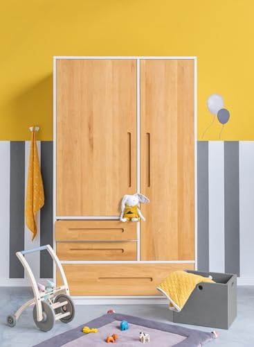 BioKinder Kleiderschrank Kinderkleiderschrank 2-türig Lina aus zertifizierten Bio-Massivholz Kiefer Naturweiß lasiert und Bio-Massivholz Erle H 190 x B 153 x T 55 cm