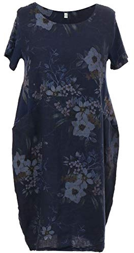Storm Island Ladies Italian Linen Dress Ribbed Short Sleeves Sides Women Floral Lagenlook Top