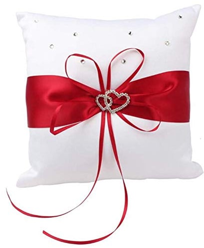 Romantique Mariage Anneau Oreiller, 10x10cm Satin Bague Coussin Oreiller Bowknot W/Rhinestones Ruban Double Cœur Canapé Mariée Brigegroom Décoration Fête Accessoires Cadeau Fournitures - Rouge