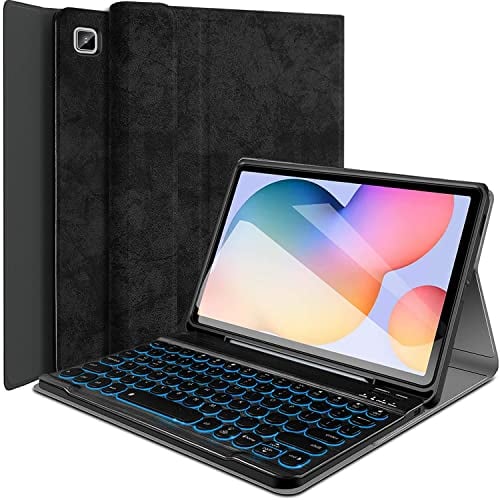 Wineecy Beleuchtete Tastatur Hülle für Samsung Galaxy Tab S6 Lite 10.4 2022/2020 SM-P610/P613/P615/P619 - Slim PU Leder Schützhülle mit Magnetisch Abnehmbare Kabellose QWERTZ Tastatur, Schwarz