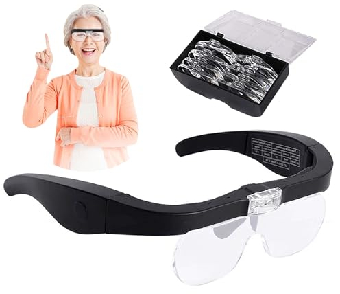 DXIA Lupa de Cabeza 2 LED,LED Lupa Gafas con Luz, Luz Manos Libres Cabeza Lupas de Aumento,4 Lentes Intercambiables,1.5X-5X,para Leer, Soldar, Reparación de Joyería y Trabajo de Precisión