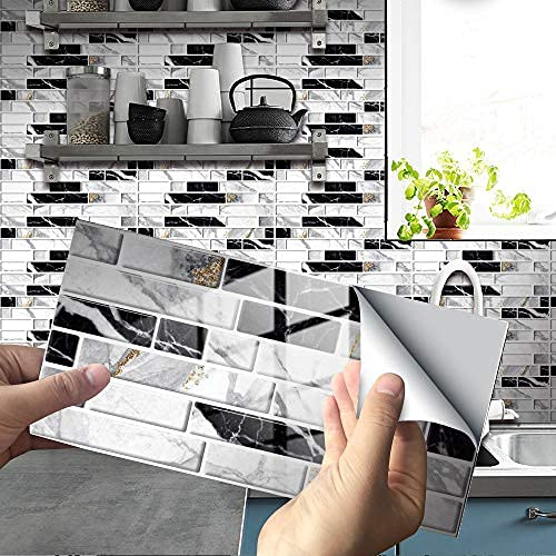 DriSubt Küchenrückwand Fliesenaufkleber Wandfliesenaufkleber Wasserdicht Ölfest Stickerfliesen Deko Selbstklebende für Küche Badezimmer Wohnzimmer (Schwarz Weiß Gold,48 Stücke)