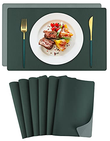 Toprance Platzset PU Leder Grün Zweifarbige Platzdechcken 6er Sets Hitzebeständig Kunstleder Minzgrün 42x30cm für Esszimmer Küche Restaurant Tassen