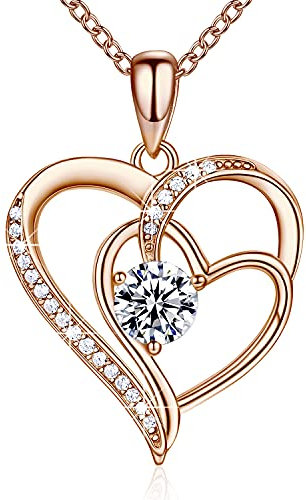 NINAMAID 925 Sterling Silber Rosegold Halskette Damen Kette Herz Halsketten für Frauen Geburtsstein Kette damen Silber Schmuck Damen Verlobungs Geschenke für Frauen Freundin mit 5A Cubic Zirkonia