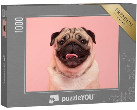 puzzleYOU: Puzzle 1000 Teile „Lachender Mops auf rosa Hintergrund“ – aus der Puzzle-Kollektion Mops, Hunde