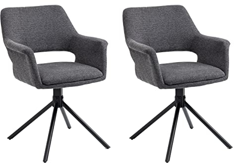 byLIVING Esszimmerstuhl Eleonore / 2er Set/Webstoff grau/Gestell Metall schwarz/Sitzschale 360° drehbar/Küchenstuhl gepolstert/Wohnzimmerstuhl/B 57, H 83,5, T 61, cm
