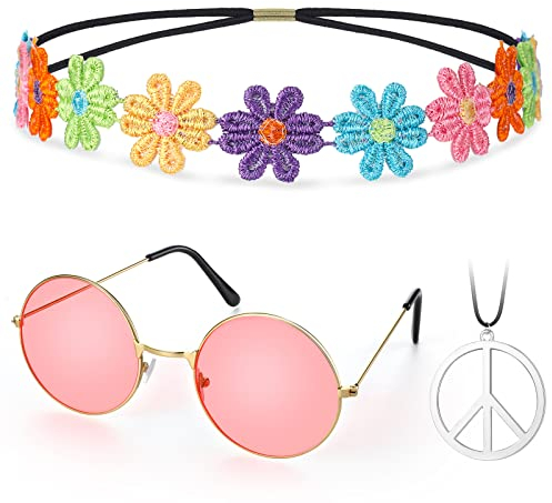 Hippie Kostüm Set 60er Runde Brille Frieden Zeichen Halskette Gänseblümchen Sonnenblumen Stirnband Hippie Accessoires für Damen Herren Verkleidung Hippie Party Zubehör (Rosa, Bunt)