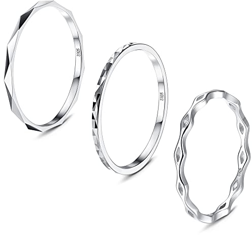 Krfy 3 Stück Ringe für Damen Herren 925 Sterling Silber Stapelbare Einfaches Band Knöchel Ringe 18 Karat Weißgold Plattiert Ehering Diamantschliff Ringe 49.3MM-62.1MM