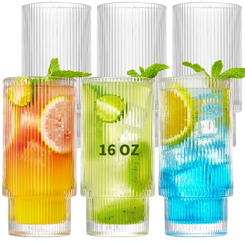 Qipecedm 6 Pack Drinking Glasses, 15 oz Vintage Highball Glasses, Ribbed Glass Cups, Premium Iced Coffee Glasses, Clear Glass Tumbler, Cocktail Glasses, Elegant Glassware for Water Juice Whiskey Beer