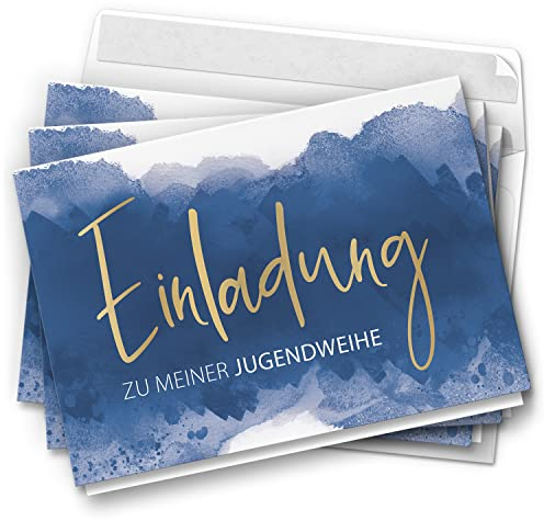10 Jugendweihe Einladungskarten Jungen - Motiv Blau Aquarell Hintergrund - moderne Einladungen Klappkarten mit Umschlägen