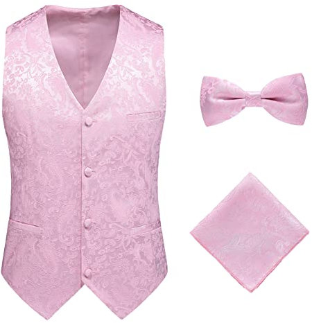DAIHAN Gilet Costume Homme Paisley Mariage Ensemble de nœud papillon et mouchoir Jacquard Gilets sans Manche pour Fête Mariage Formel Business,Rose,M