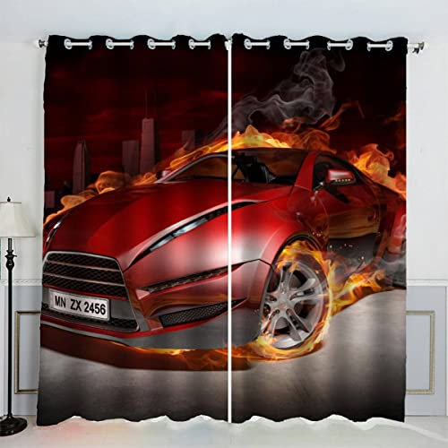 VASENA Sportwagen Rennwagen Gardinen Kinderzimmer 3D Drucken Fenstervorhang Auto Brennt Vorhänge Abdunkelnd Blickdichte Schallschutz Gardinen mit Ösen 2er-Pack (140x160 cm)