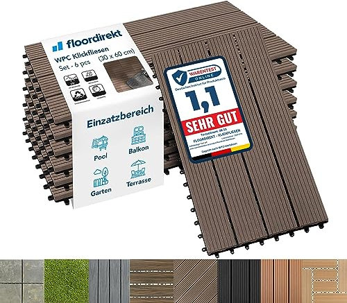 Floordirekt Baldosas de Patio WPC 60x30cm 1m² = 6 piezas para terrazas, balcones - suelo exterior con aspecto de madera, Clic Azulejos con función de drenaje | Marrón oscuro | Royal