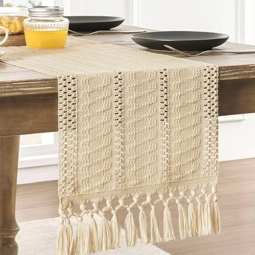 ZeeMart Tischläufer im Makramee-Stil, Boho, Beige, 91,4 cm lang, Bauernhaus-gewebte Heimdekoration, 30,5 x 91,4 cm, Beige