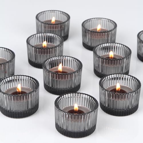 HofferRuffer 12er-Set Teelichthalter, Kerzenhalter aus Glas für Teelichter, Votivkerzenhalter für Hochzeit, Weihnachten, Tischdekoration(Grau)