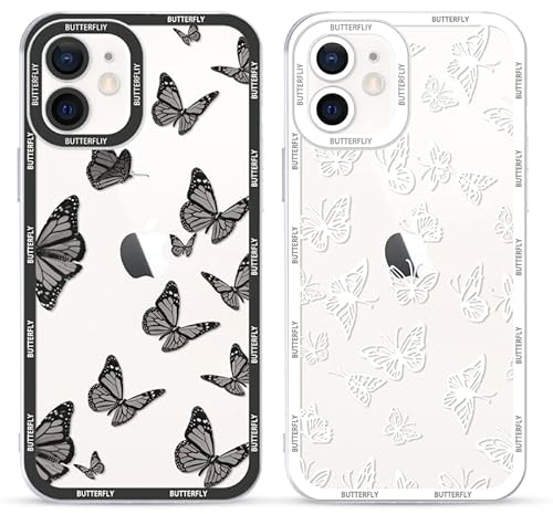 Yoedge 2 Stück Transparent HandyHülle für iPhone 12 Mini Hülle Schmetterling 5,4, TPU Silikon Schutzhülle für iPhone 12 Mini Case Schwarz Butterfly Muster Aesthetic Mädchen Frauen Durchsichtig Cover