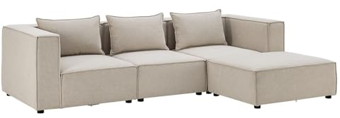 Juskys modulares Sofa Domas L - Couch für Wohnzimmer - 3 Sitzer - Ottomane, Armlehnen & Kissen - Ecksofa Eckcouch Ecke - Garnitur Stoff Beige