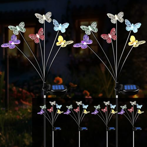 Lampe Solaire Exterieur Jardin, 4 Pièces 24 LED Lumière en Papillon, Décoration Jardin Extérieur Solaire Étanche, Lampes Solaire Deco pour Patio Cour Porche Noël