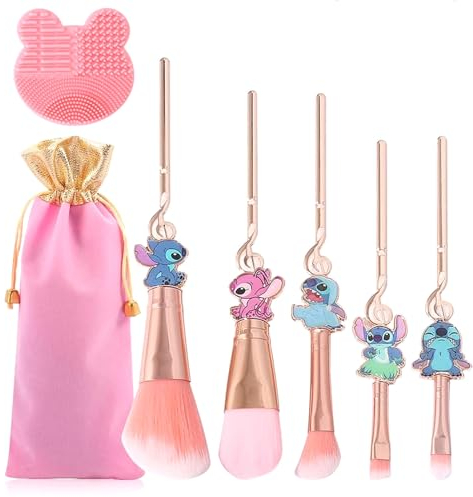 Lilon and Stitch Make-up-Pinsel-Set mit Reinigungsmatte, Geschenk für Geenage Mädchen, tragbare Kosmetikpinsel für Puder, Lidschatten, Rouge, Lippen, 6-teilig
