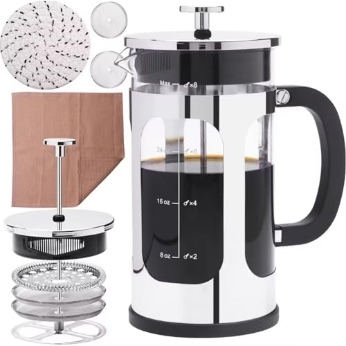 ADAMITA French Press Coffee Maker 8 cups 34 oz 304 Stainless Steel Coffee Press with 4 Filter Screens, Easy Clean Heat Resistant Borosilicate Glass - Free 100% BPA