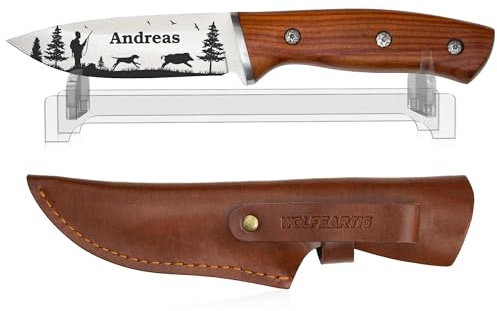 WOLFSARTIG Jagdmesser mit Gravur - Geschenke für Jäger - personalisiertes Geschenke für Männer - Jagdschein Jagdeinladung (mit Ständer)