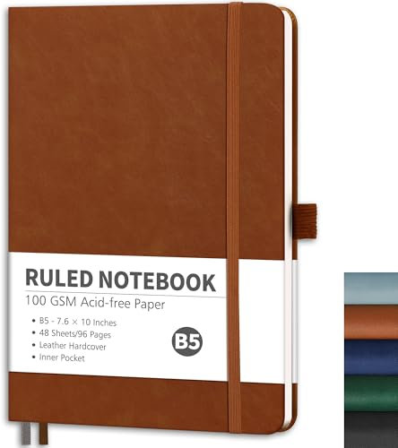 RETTACY Notizbuch Liniert B5, Leichtes Journal Tagebuch mit 96 nummerierten Seiten,100gsm Notizbücher, Innentasche, Hardcover Buch für Büro Schule Arbeit Frauen Männer, 19.3x 25.4cm - Braun