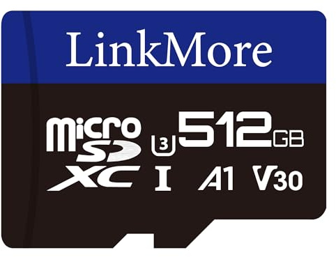 LinkMore XV13 512GB MicroSD Memory Card, MicroSDXC A1 UHS-I U3 V30 Class 10, Read Up to 95 MB/s, Write Up to 75 MB/s, SD Adapter Included | Up to 95MB/s read and 70MB/s write; 512GB for 4K video, action cameras, and handheld gaming; SD adapter included.