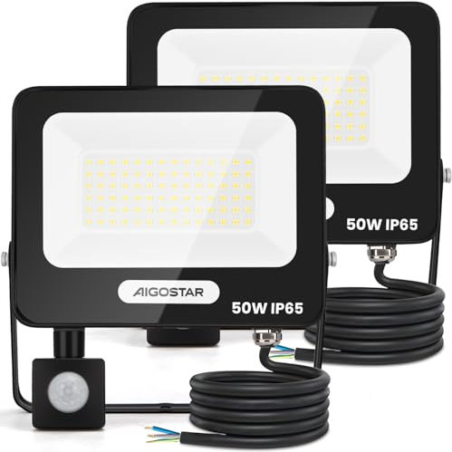 Aigostar 50W Projecteur LED Extérieur avec Détecteur de Mouvement,2 Pièces,4600LM Ultra Mince Spot LED,Lumière de Sécurité Etanche IP65 pour Interieur,Jardin,Patio,Cour,Allée,Blanche Naturelle 4000K