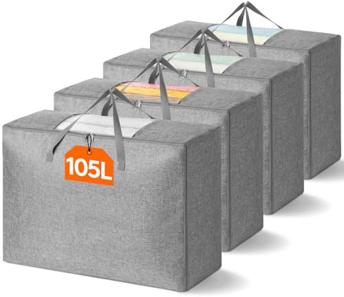 Lifewit 105L große Aufbewahrungstasche für Bettdecken, faltbare Aufbewahrungstasche mit verstärktem Griff und stabilem Reißverschluss für Kissen, Kleidung, Bettwäsche, 4 Stück, Grau, 70 x 30 x 50 cm