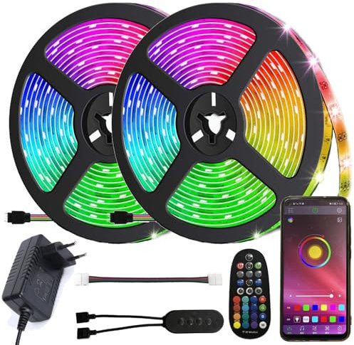 FOLGEMIR 10m (2x 5m) RGB LED Streifen dimmbar, Bluetooth/APP kontrolliert LED Strip mit RF Fernbedienung und 12V Netzteil, 5050 SMD 300 (2x 150) LEDs, selbstklebend, flexibel, wasserdicht IP20