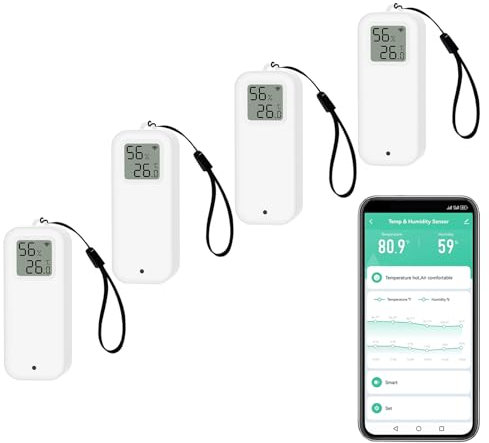Termómetro higrómetro digital Smart, sensor de temperatura y humedad WiFi con lámina magnética autoadhesiva,sensor de temperatura de calibración con alerta de notificación de app.Compatible Alexa.4PCS