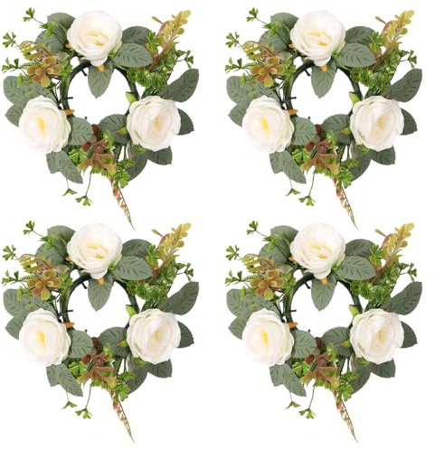 Marooma 4 Pcs White Fake Rose Candle Rings, Artificial Floral Wreaths with Green Leaves, Greenery Garland for Pillar Candleholders Wedding Centerpiece Party Home Table Decor