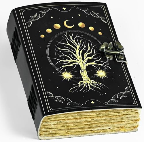 Saify Handicrafts Journal en cuir Arbre de vie en cuir vierge Livre de sorts Livre d'ombres Journal avec motif en relief imprimé en couleur antique vintage 200 pages (17,8 x 12,7 cm)