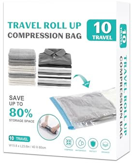 ZOESTORAGE Confezione da 10 sacchetti sottovuoto salvaspazio da viaggio, sacchetti sottovuoto per bagagli, abbigliamento e sacchetti a compressione per oggetti essenziali da viaggio, senza bisogno di