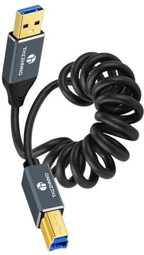 Thzzhnno Cable en Espiral USB 3.0 a B, Cable en Espiral USB Tipo A a Tipo B 5Gbps para estación de acoplamiento, discos duros externos, escáner, impresora (De 95 MM a 1 M)