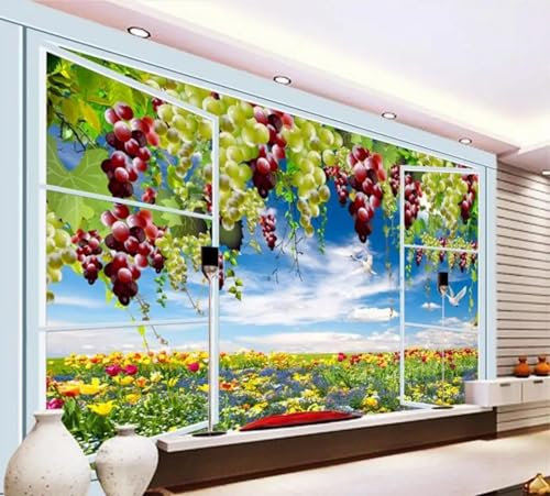 JCSMKFQ Papier peint mural 3D en PVC auto-adhésif pour salon extérieur de la fenêtre ciel bleu raisin fond de chambre à coucher décoration murale autocollant artistique peinture murale