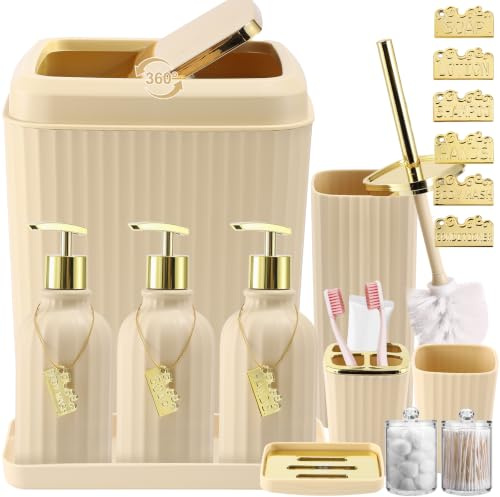 WSBArt 17-teiliges Badezimmer-Zubehör-Set, Badezimmerzubehör, WC-Bürste, Mülleimer, Qtip-Halter und 3-teiliger Seifenspender, Beige