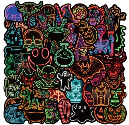 Halloween Neon Sticker – 50 gruselige Wasserflaschenaufkleber, Halloween-Aufkleber für Kinder | Leuchtende, wasserfeste Sticker für Partydekorationen, Bastelprojekte Halloween-Dekorationen für Zuhause