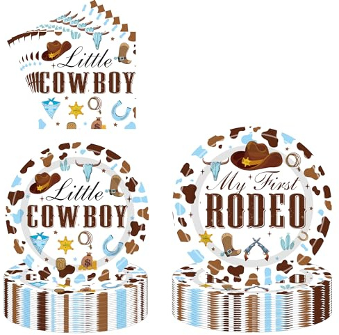 Décorations de fête d'anniversaire de cowboy occidental – 96 pièces My First Rodeo Party Decoration y compris assiettes roses Cowboy Rodéo Service de table jetable pour 24 invités