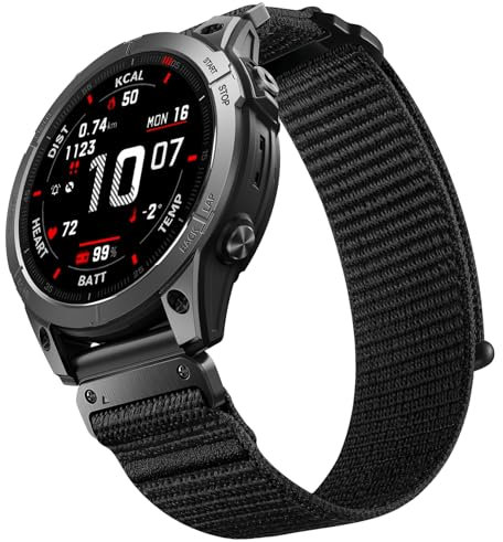 Bandletic Uhrenarmband 22mm Kompatible mit Garmin Fenix 7 - Fenix 6 Pro/Fenix 6/Fenix 8/Fenix 5 Armband, Loop Nylon QuickFit Sport Band für Epix 2/Epix 2 Pro 47mm/Forerunner 965/955/Instinct 2,Schwarz