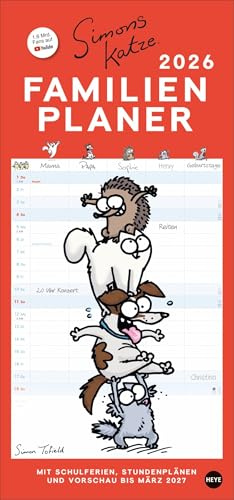 Simons Katze - Familienplaner 2026 - Heye-Verlag - Simon Tofield - Familienkalender mit 5 Spalten, Schulferien und Stundenplänen - 21 cm x 45 cm