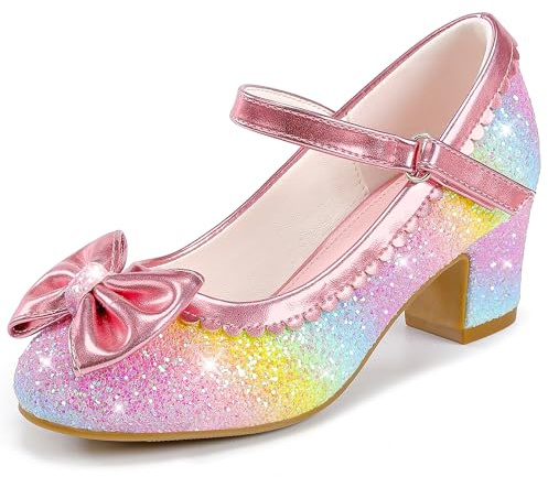 LAURMOSA Glitzer Prinzessin Schuhe Mädchen Mary Jane Riemchen Pumps mit Schleife Stöckelschuhe Kinder Party Hochzeit Geburtstag