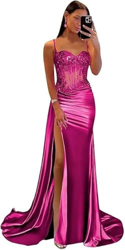 Vestido largo plisado de satén para baile de graduación, vestido de baile largo con abertura y apliques de encaje, corsé, vestido formal de noche, fucsia, 4XL
