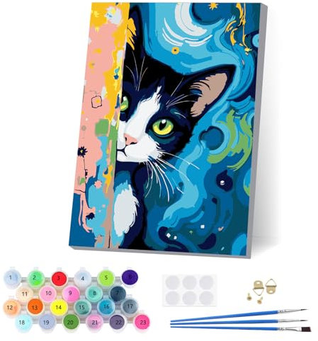 EOBROMD Lindo Gatito Pintar por Numeros Adultos con Marco, Cuadros para Pintar por Numeros Animal, Lona sin Pliegues Pintura al Cuadros por Numeros, Decoración del Hogar 20x30cm