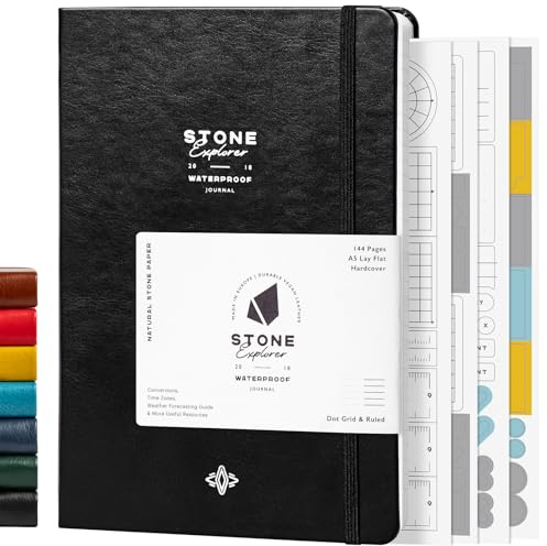 Stone Journal Explorer Notizbuch - A5 wasserdichtes Papier Feld Journal, schwarzes veganes Leder, Hardcover, 144 Seiten abwechselnd liniert & Punktraster, Rücktasche, witterungsbeständig