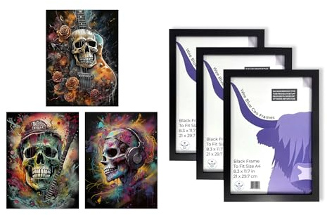 Artery8 Music Skulls Wall Art - Set of 3 A4 Sized Art with Black Frames - Thrash Metal Death Guitar Brutal Horror