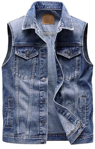 Lockenstab Herren Jeansweste Ärmellos Jeansjacke Mit 6 Taschen Biker Weste