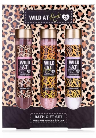 Accentra Badeset WILD AT HEART Geschenkset mit Animalprint, Leomuster, in Geschenkbox, inkl. Duschgel, Bodylotion, Badesalz, Duft: Rosa Rubiginosa & Moschus, Frauen Geschenk Weihnachten