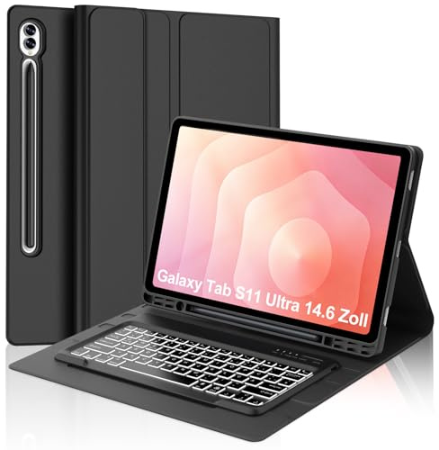 IVEOPPE Hülle mit Tastatur für Samsung Galaxy Tab S11 Ultra 14,6 Zoll, Beleuchtung QWERTZ Keyboard, Magnetisch Abnehmbarer Tastatur für Samsung Galaxy S11 Ultra 14.6 2025 (SM-X936B/SM-X930), Schwarz