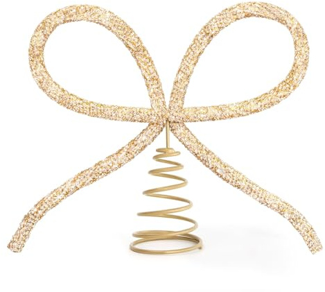Christmas Decorations - Christmas Decor - Gold Glass Rhinestone Bow Tree Topper - Xmas Holiday Tree Top Decoration for Indoor Outdoor Home Room Party (Gold)